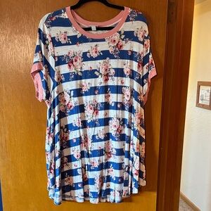 LuLaRoe Erika Blue and White Striped Floral Top
